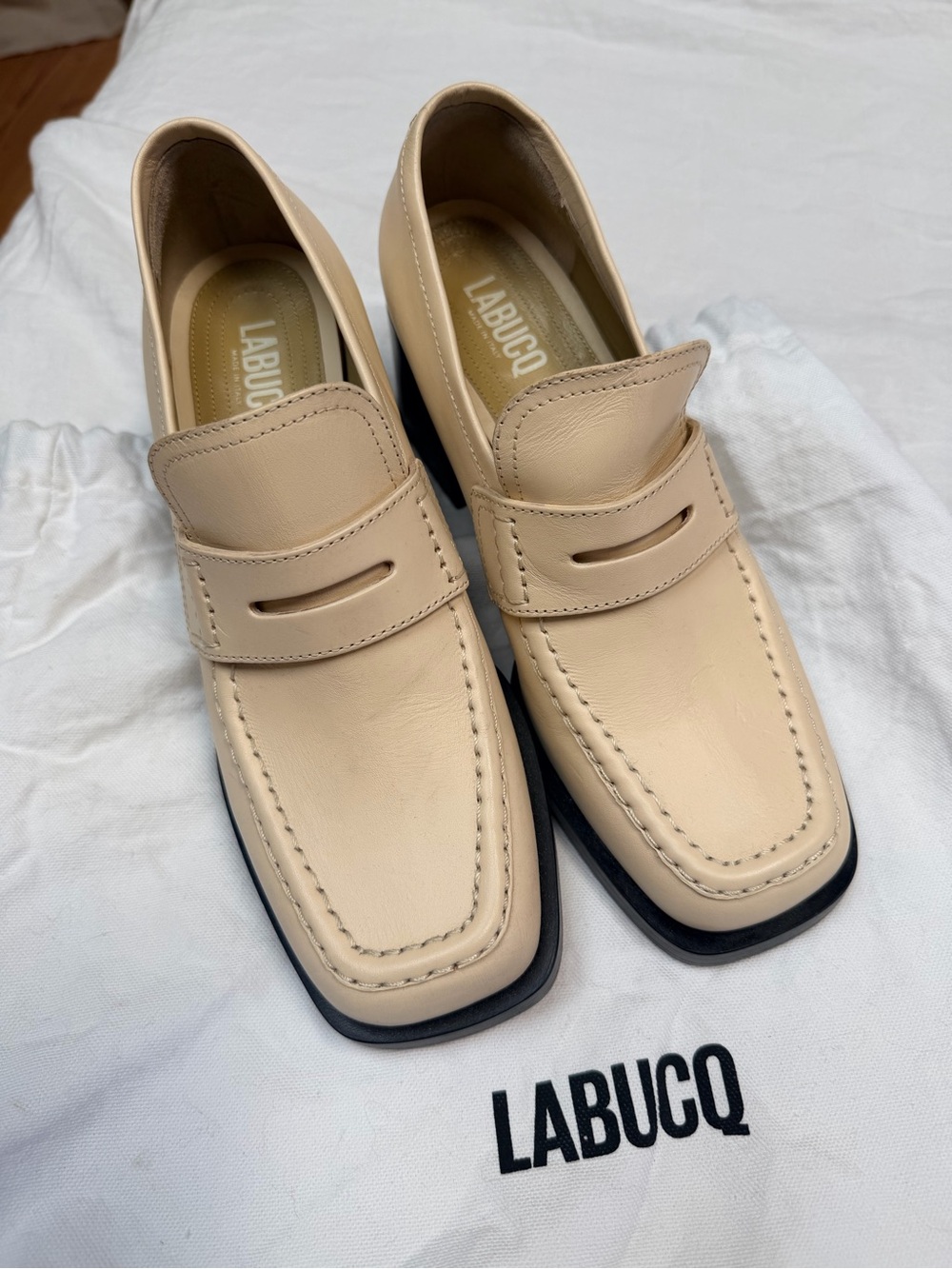 LABUCQ Cream Leather Kitty Loafers with Black Sole, Never Worn